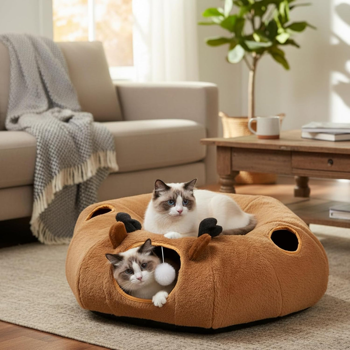 Cat Tunnel Bed, Foldable Cat Play Tunnels Reindeer Design Pet Donut Tunnel Bed with Ball & 4 Peek Holes, Cat Tunnel for Indoor Kitten Hideaway Interactive Cat Toys