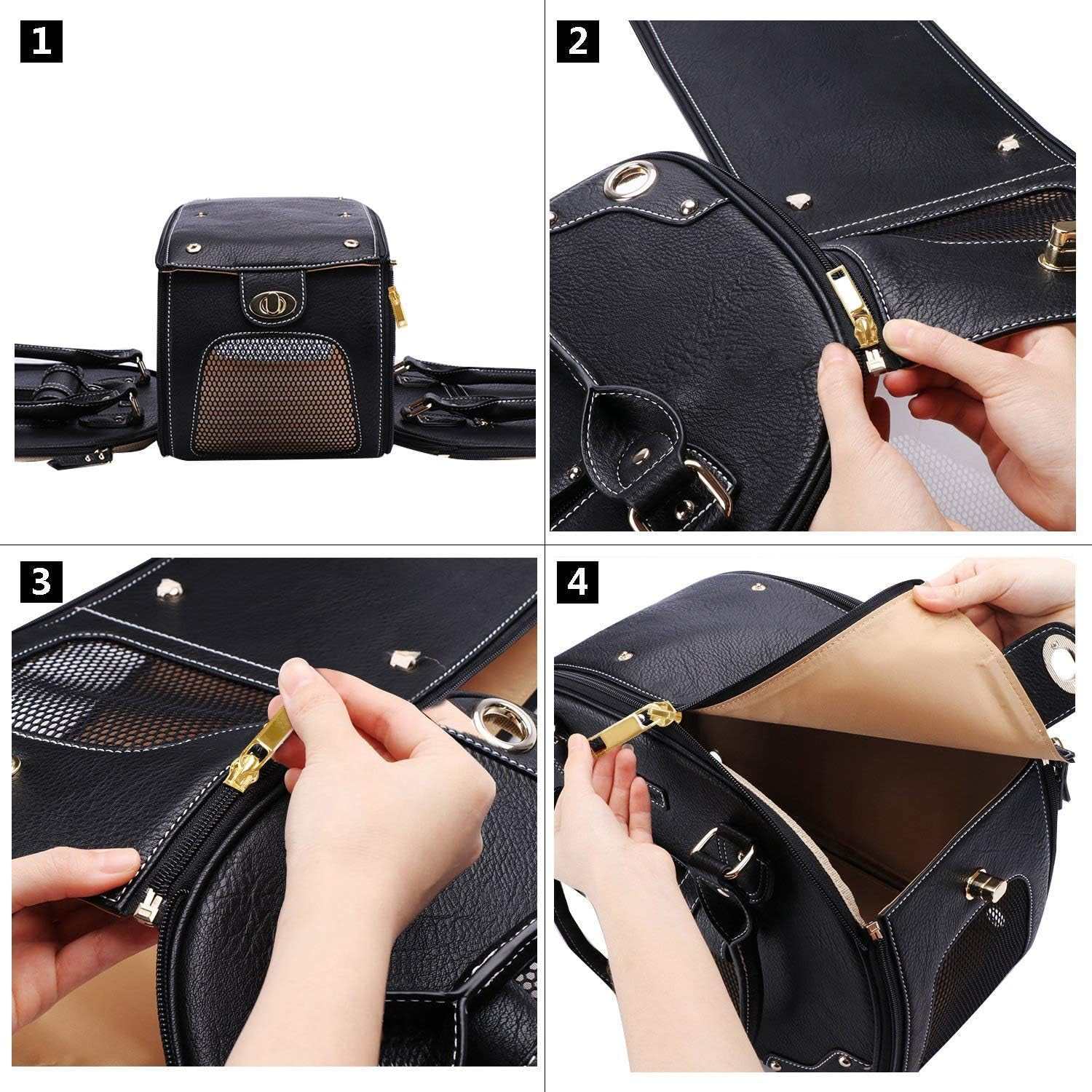 Dog Carrier Purse, Pet Carrier, Foldable Waterproof Premium PU Leather Pet Travel Portable Bag Carrier for Cat and Small Dog Home & Outdoor Small Black