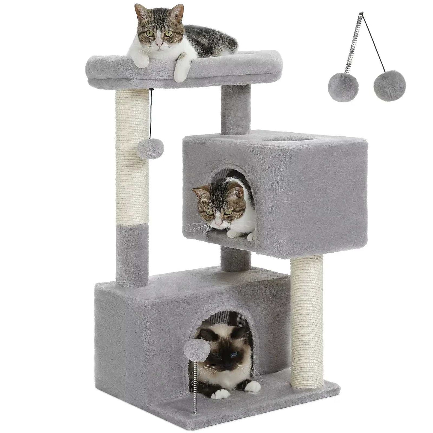 Large indoor cat tree for large cats with two spacious condos, cat perch, scratching posts, and plush toys.
