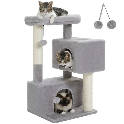 Large indoor cat tree for large cats with two spacious condos, cat perch, scratching posts, and plush toys.
