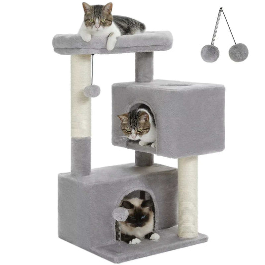 Large indoor cat tree for large cats with two spacious condos, cat perch, scratching posts, and plush toys.