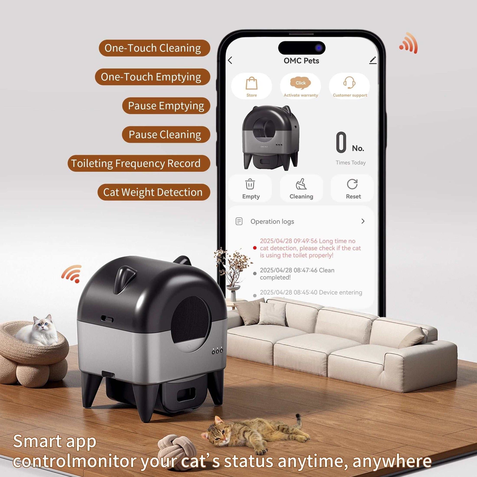 OMCPET Self Cleaning Cat Litter Box, Automatic Smart Litter Box for Multiple Cats with 10 Safety Sensor Radars, 110L Electric Cat Box with App-Control, Odor Control, Quiet Operation, Black