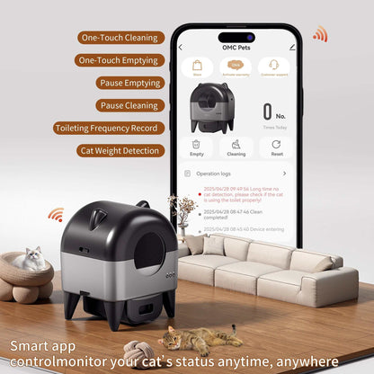 OMCPET Self Cleaning Cat Litter Box, Automatic Smart Litter Box for Multiple Cats with 10 Safety Sensor Radars, 110L Electric Cat Box with App-Control, Odor Control, Quiet Operation, Black