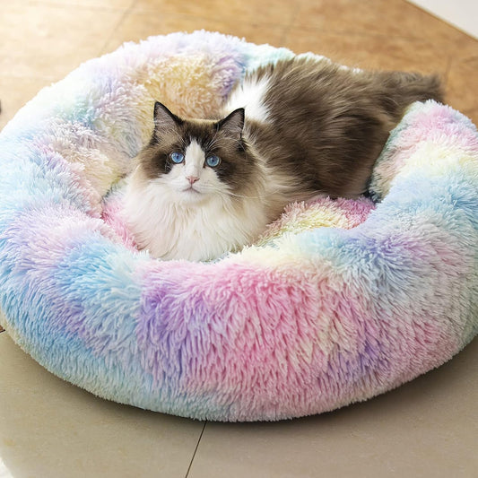 Anti anxiety round fluffy plush faux fur rainbow pet bed for small to large dogs and cats