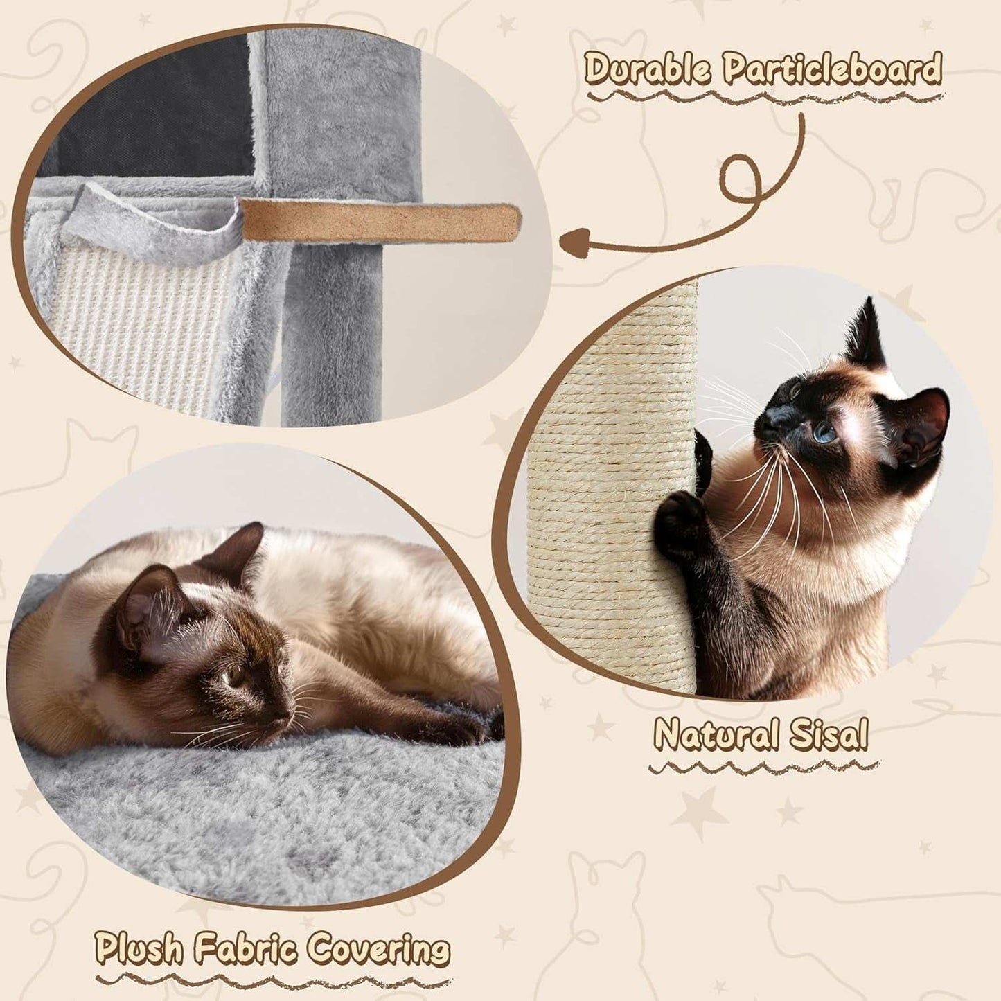 63.5In Multi-Level Cat Tree Tower Condo with Scratching Posts, Platform & Hammock, Cat Activity Center Play Furniture for Kittens, Cats, and Pets