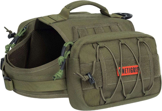 Green nylon dog backpack for medium and large dogs with side pockets and adjustable straps