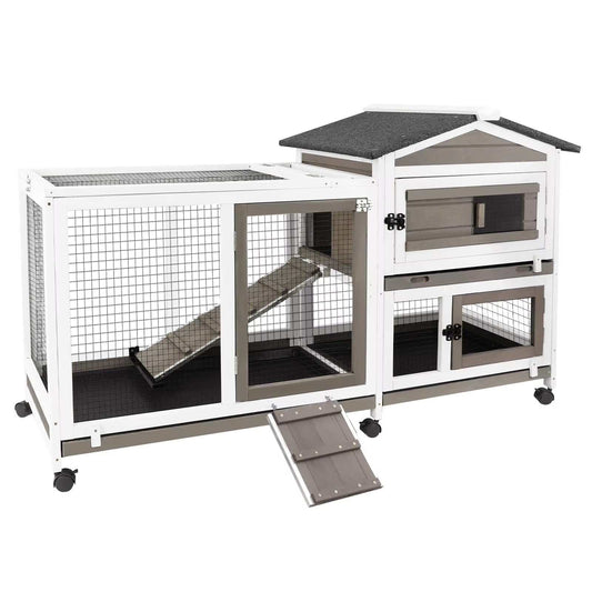 Large wooden rabbit cage with removable trays, two-story hutch, ramps, and asphalt roof for small and medium pets indoors and outdoors