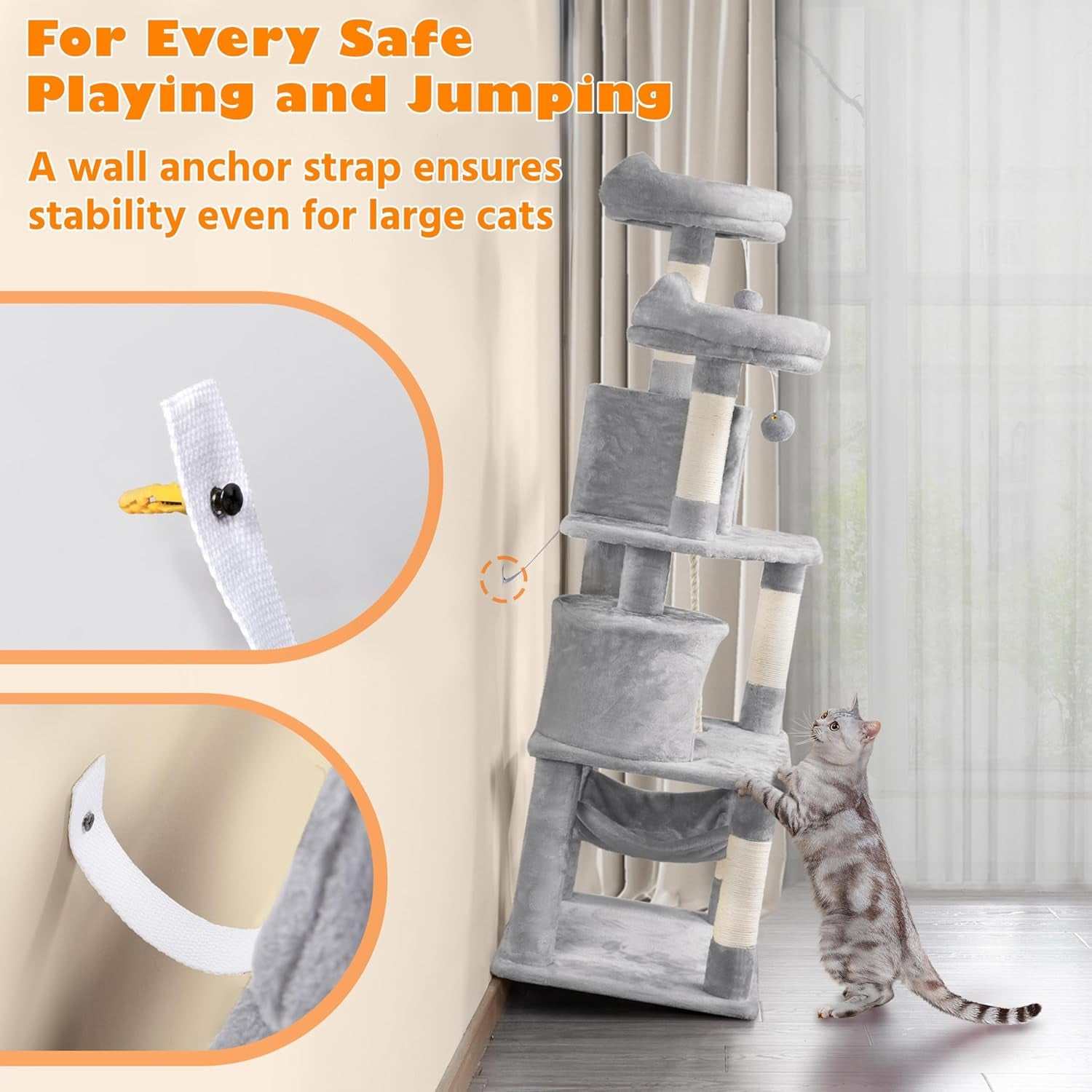 62.5Inches Cat Tree Cat Tower Cat Condo with Platform & Hammock, Scratching Posts for Kittens Pet Play House with Plush Perch for Indoor Activity Relaxing, Light Gray
