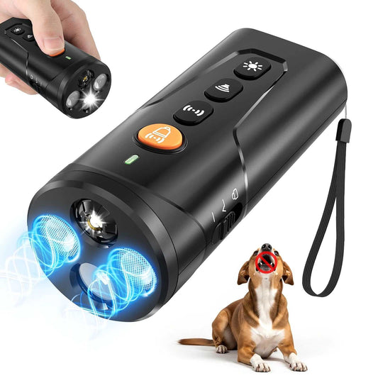 Handheld ultrasonic anti barking device for safe dog training with sound, ultrasonic, and flashlight modes