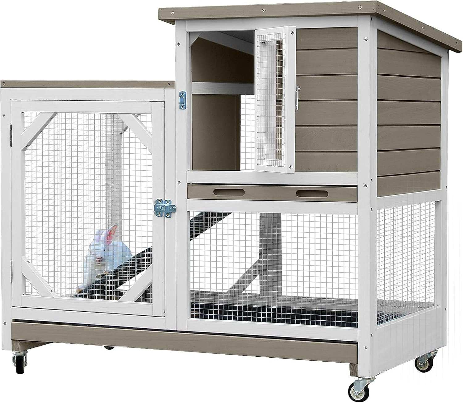 Large mocca indoor rabbit hutch with two levels, sliding doors, casters, ramp, and waterproof roof for bunny and guinea pig housing