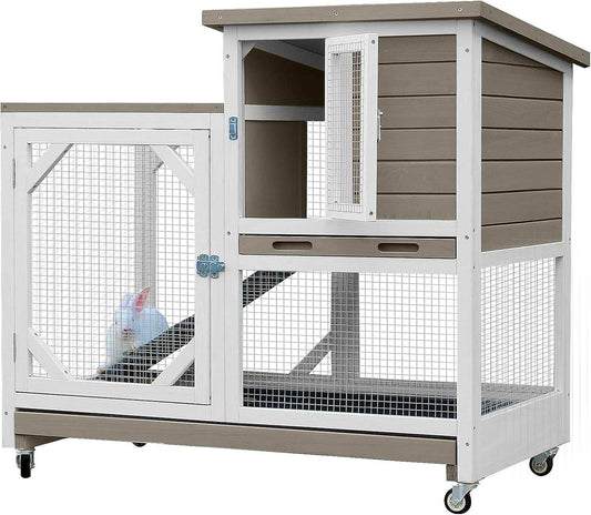 Large mocca indoor rabbit hutch with two levels, sliding doors, casters, ramp, and waterproof roof for bunny and guinea pig housing