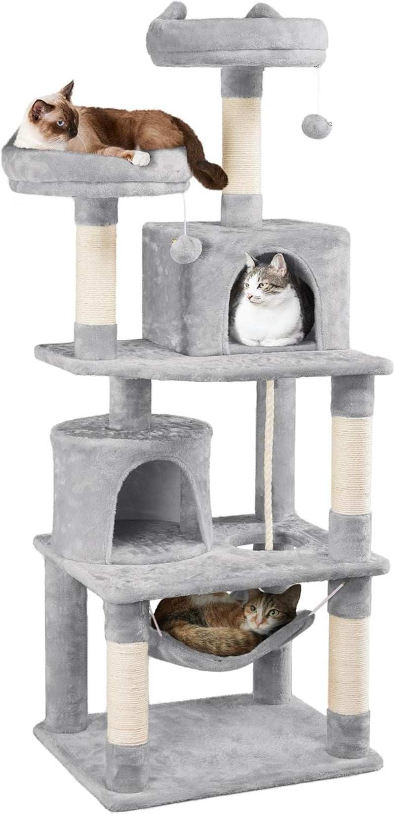 62.5 inches light gray cat tree with platform, hammock, sisal scratching posts, plush perch, and dangling toys for indoor cats
