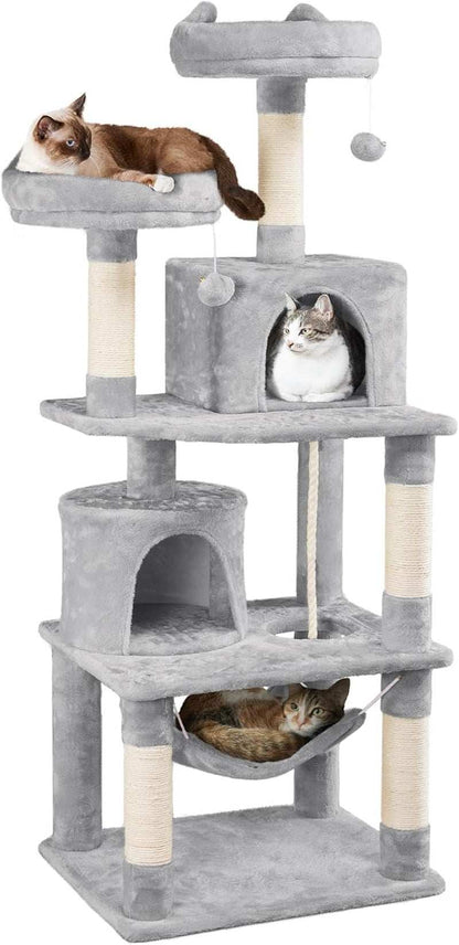 62.5 inches light gray cat tree with platform, hammock, sisal scratching posts, plush perch, and dangling toys for indoor cats