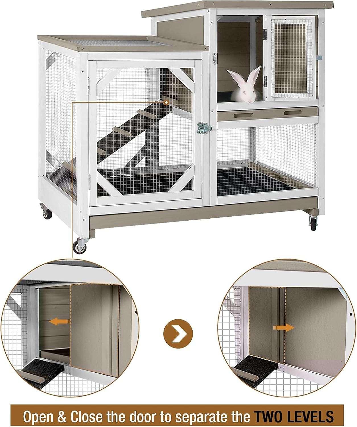Indoor Rabbit Hutch Large Rabbit Cage, Outdoor Bunny Hutch Guinea Pig Cage - 4 Casters Include (Mocca Color without Bottom Wire Mesh)