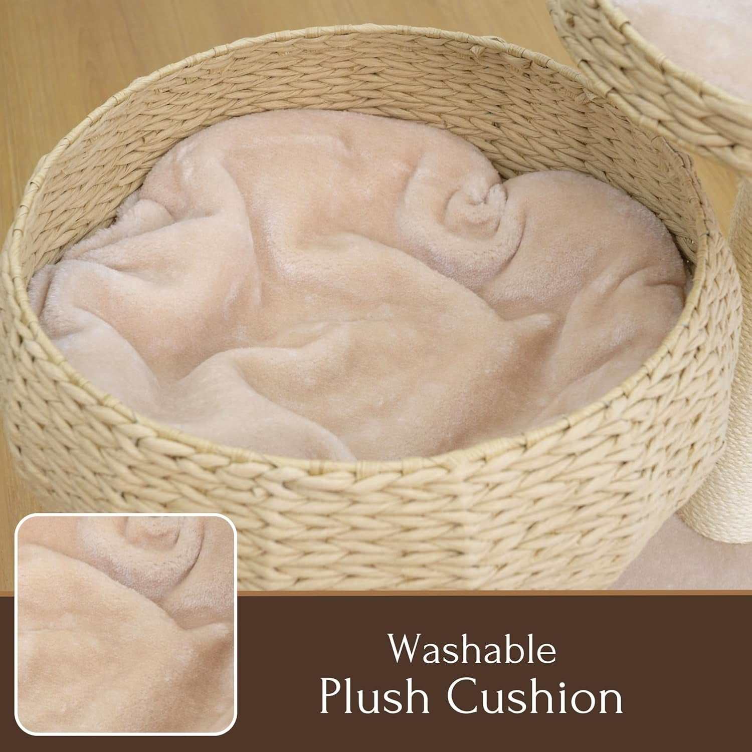 23" High Handwoven Recycled Paper Rope Baskets Bed and Perch, Sisal Scratching Post, Playful Teaser Toy, Washable Cushion, for Indoor Cats (Beige)