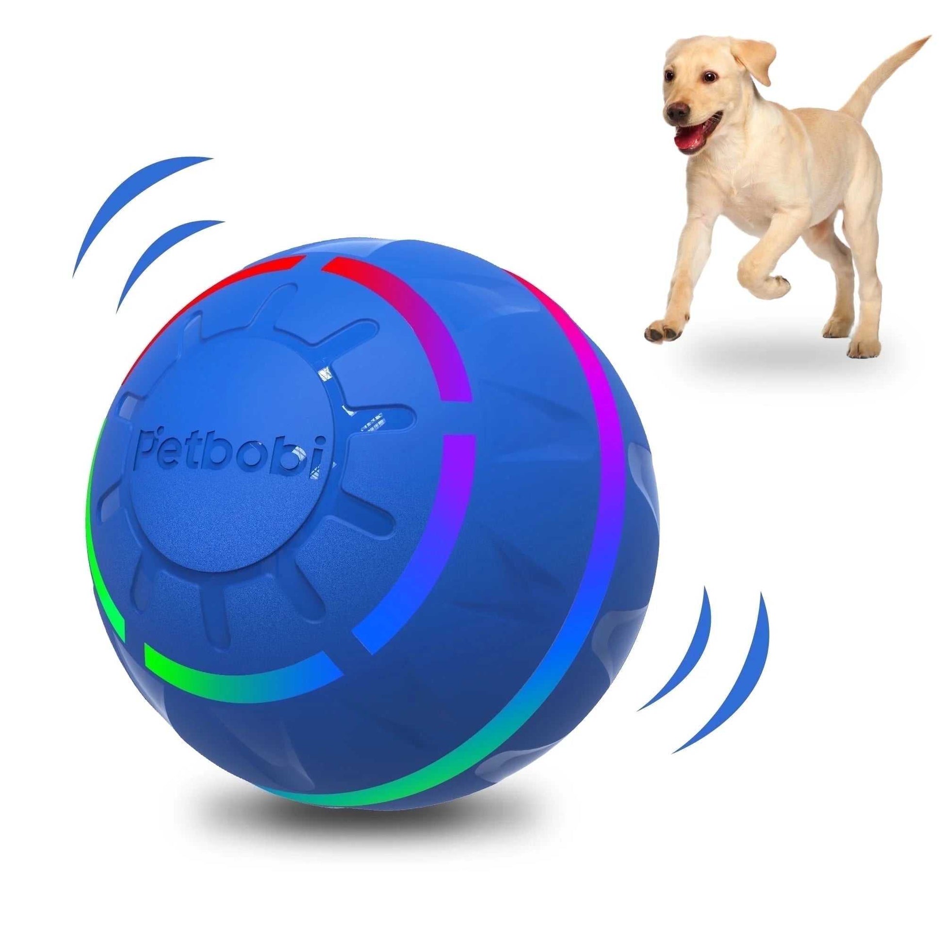 Blue interactive toy dog ball with flashing LED light, USB rechargeable and durable TPU shell for medium and large dogs