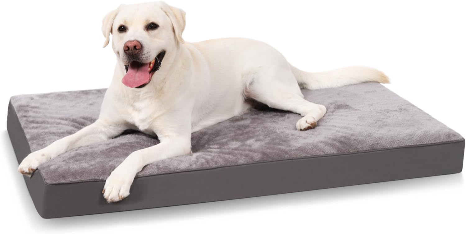 Dog Beds Large Washable, Orthopedic Dog Crate Beds with Waterproof Removable Cover, Flat Mattress Non Skid Bottom, Pet Beds for Dogs, Grey, 88X55X7Cm