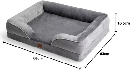 Large Dog Bed Sofa - Washable Orthopedic Dog Couch, 89X63X16Cm | Waterproof Inner Liner, Removable Flannel Cover, Dog Pillow with U-Shape Bolster, Grey Squre Pet Bed