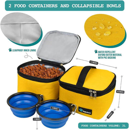 Dog Travel Bag, Travel Pet Bag Organizer, Dog Food Travel Bag with Container Collapsible Bowls, Pet Travel Supplies Gift Accessories for Weekend Camping, Puppy Cat Diaper Bag, Yellow Medium