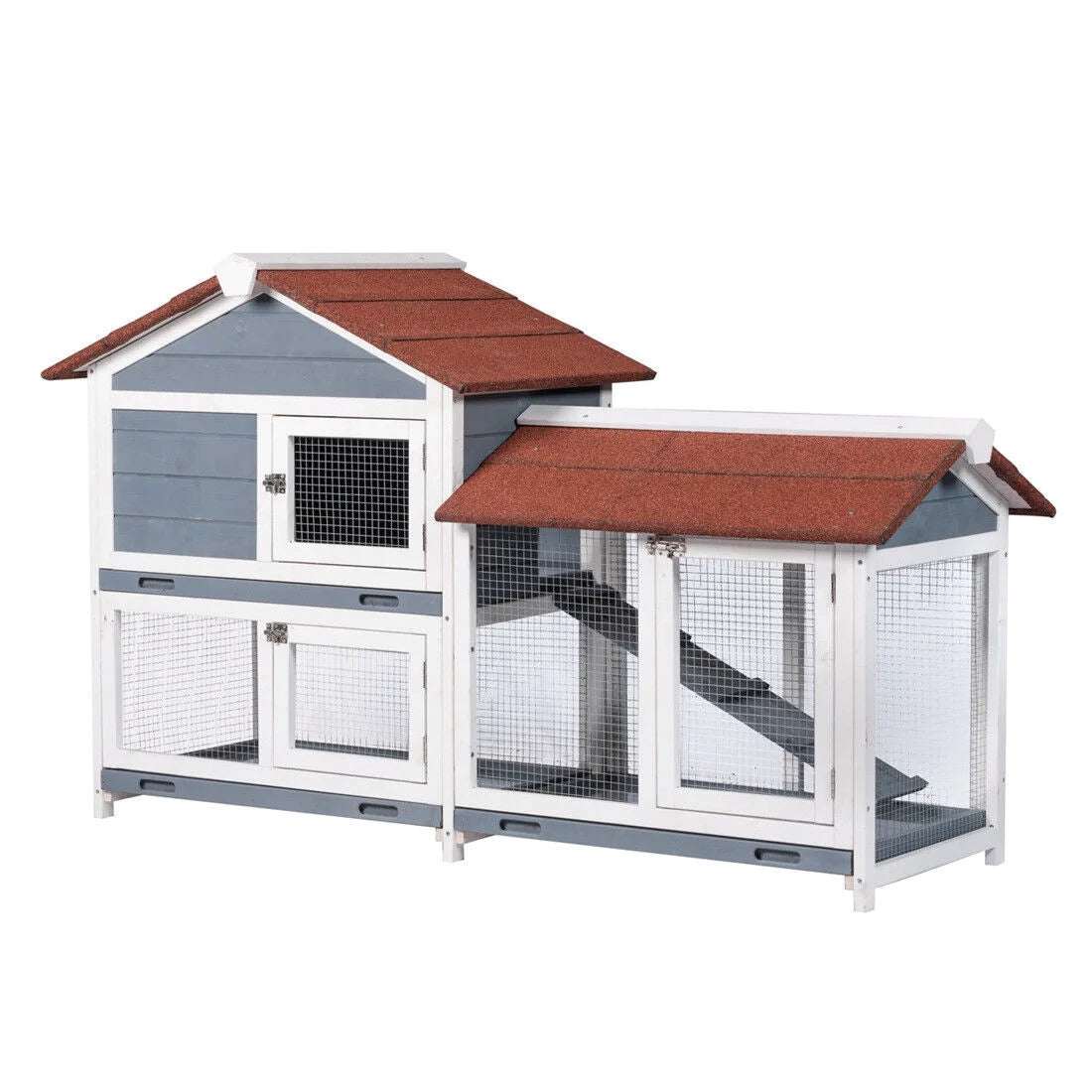 Wooden waterproof rabbit hutch with ladder, pull-out tray, and slide-bolt latches in gray and white