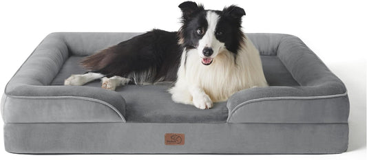 Large grey orthopedic large dog bed sofa with removable flannel cover and U-shape bolster