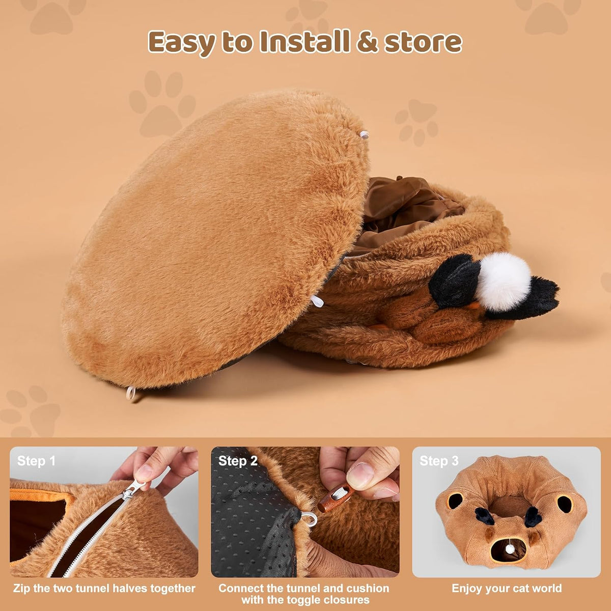 Cat Tunnel Bed, Foldable Cat Play Tunnels Reindeer Design Pet Donut Tunnel Bed with Ball & 4 Peek Holes, Cat Tunnel for Indoor Kitten Hideaway Interactive Cat Toys