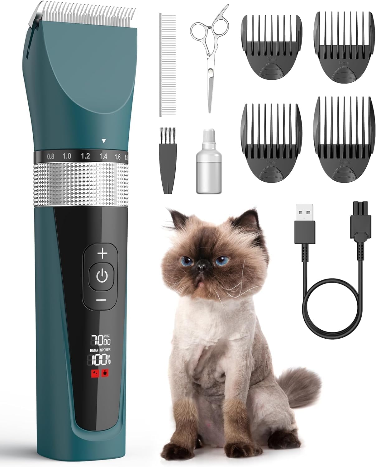 Cordless 5-speed cat clippers for matted fur with scissors and comb, quiet waterproof grooming kit