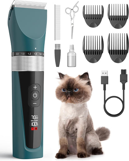 Cordless 5-speed cat clippers for matted fur with scissors and comb, quiet waterproof grooming kit