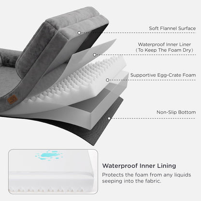 Large Dog Bed Sofa - Washable Orthopedic Dog Couch, 89X63X16Cm | Waterproof Inner Liner, Removable Flannel Cover, Dog Pillow with U-Shape Bolster, Grey Squre Pet Bed