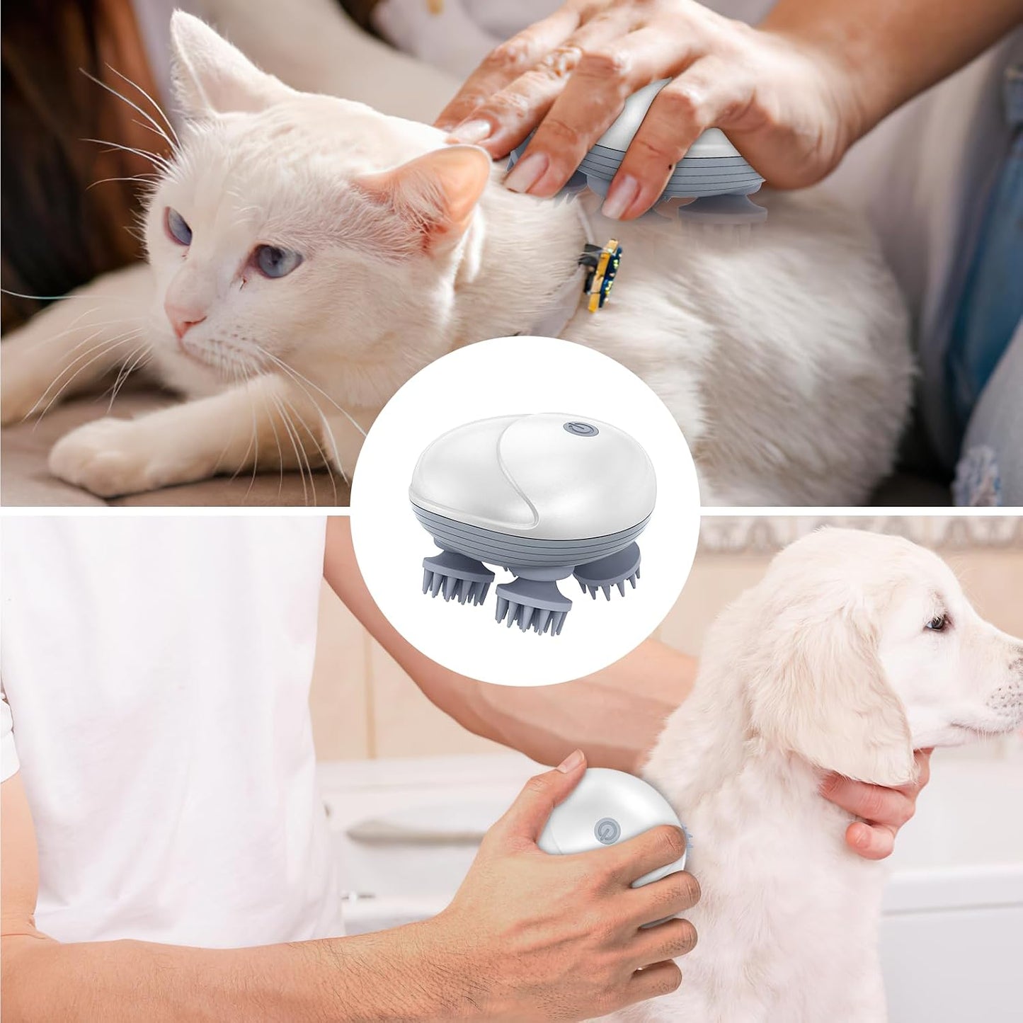 Electric Pet Massager for Dogs and Cats, Rechargeable Cat & Dog Massager with 96 Soft Silicone Contacts, 3 Kneading Modes, IPX6 Waterproof Handheld Massage Tool for Head, Back, White