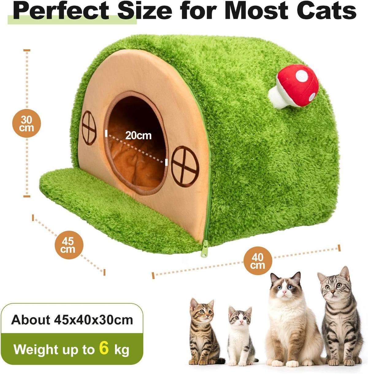 Tree Hole Cat Bed Cave, Cat House Indoor Hideaway, 45X40X30Cm | Enclosed Calming Shelter for Small Medium Pets, Removable & Washable Cushioned Pillow, Cute Kitten Bed with Anti-Slip Base