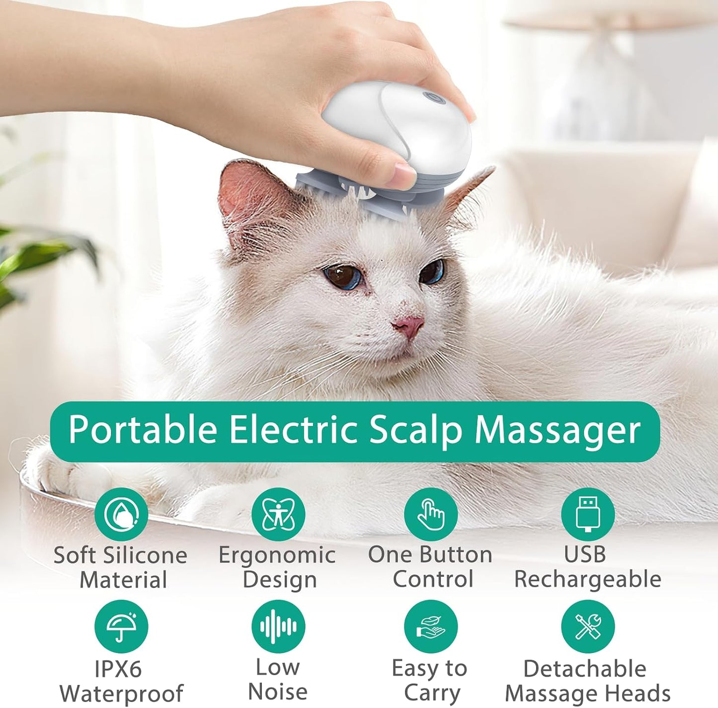 Electric Pet Massager for Dogs and Cats, Rechargeable Cat & Dog Massager with 96 Soft Silicone Contacts, 3 Kneading Modes, IPX6 Waterproof Handheld Massage Tool for Head, Back, White