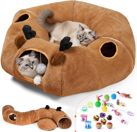 Cat Tunnel Bed, Foldable Cat Play Tunnels Reindeer Design Pet Donut Tunnel Bed with Ball & 4 Peek Holes, Cat Tunnel for Indoor Kitten Hideaway Interactive Cat Toys