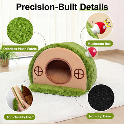Tree Hole Cat Bed Cave, Cat House Indoor Hideaway, 45X40X30Cm | Enclosed Calming Shelter for Small Medium Pets, Removable & Washable Cushioned Pillow, Cute Kitten Bed with Anti-Slip Base