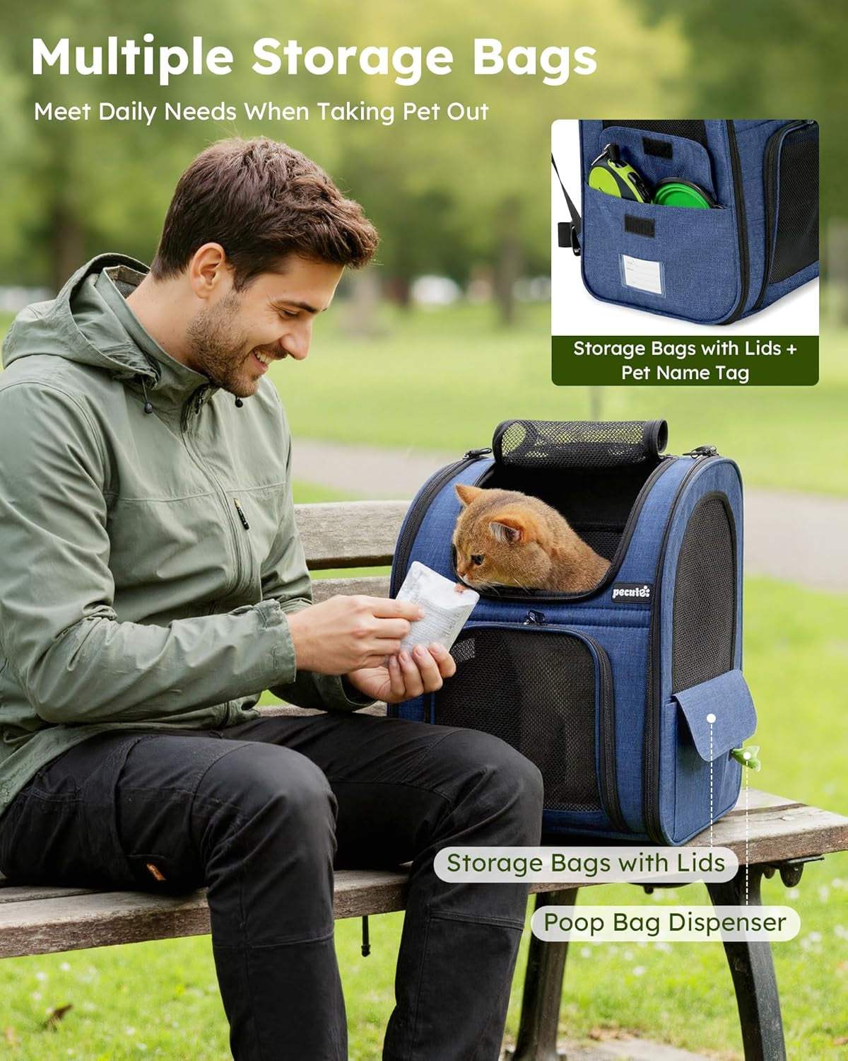 Cat Backpack Carrier Expandable, Pet Backpack for Cats & Small Dogs up to 11Lbs, with 4-Side Breathable Mesh, Multi-Entry & Lockable Zippers for Travel, Hiking, Camping - Hands Free, Blue