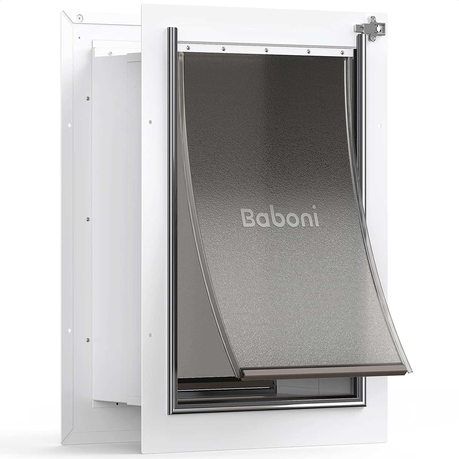 Large steel framed pet door for wall with telescoping tunnel and aluminum lock, double flap for dogs and cats up to 100 lb