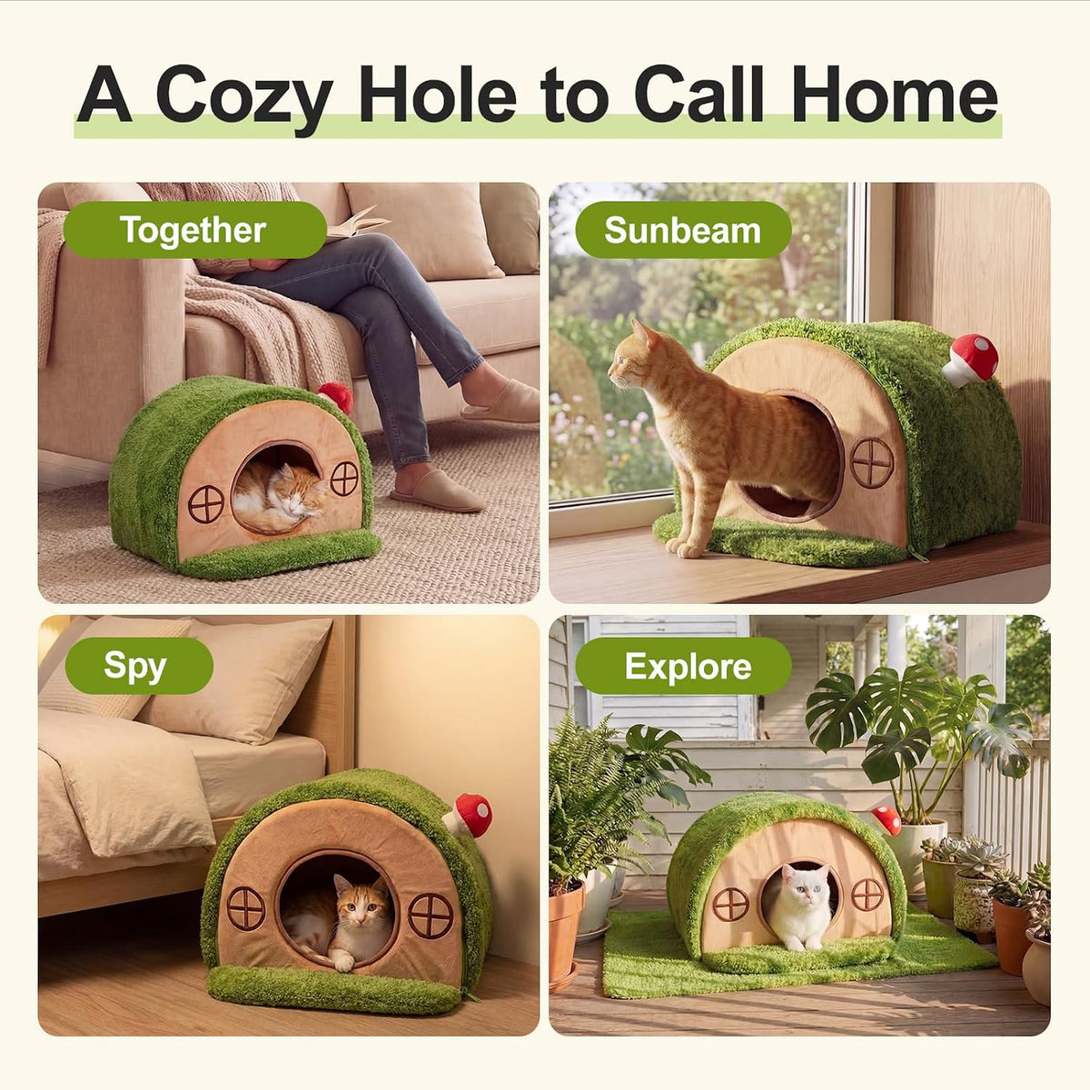 Tree Hole Cat Bed Cave, Cat House Indoor Hideaway, 45X40X30Cm | Enclosed Calming Shelter for Small Medium Pets, Removable & Washable Cushioned Pillow, Cute Kitten Bed with Anti-Slip Base