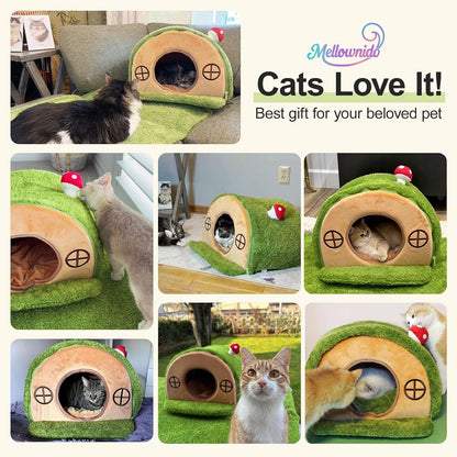 Tree Hole Cat Bed Cave, Cat House Indoor Hideaway, 45X40X30Cm | Enclosed Calming Shelter for Small Medium Pets, Removable & Washable Cushioned Pillow, Cute Kitten Bed with Anti-Slip Base