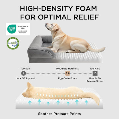 Large Dog Bed Sofa - Washable Orthopedic Dog Couch, 89X63X16Cm | Waterproof Inner Liner, Removable Flannel Cover, Dog Pillow with U-Shape Bolster, Grey Squre Pet Bed