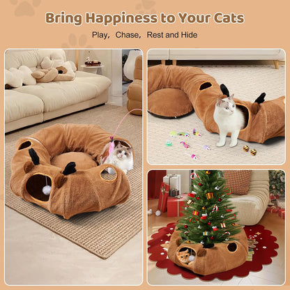 Cat Tunnel Bed, Foldable Cat Play Tunnels Reindeer Design Pet Donut Tunnel Bed with Ball & 4 Peek Holes, Cat Tunnel for Indoor Kitten Hideaway Interactive Cat Toys