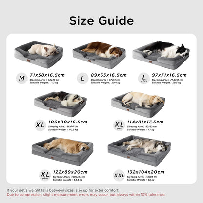 Large Dog Bed Sofa - Washable Orthopedic Dog Couch, 89X63X16Cm | Waterproof Inner Liner, Removable Flannel Cover, Dog Pillow with U-Shape Bolster, Grey Squre Pet Bed