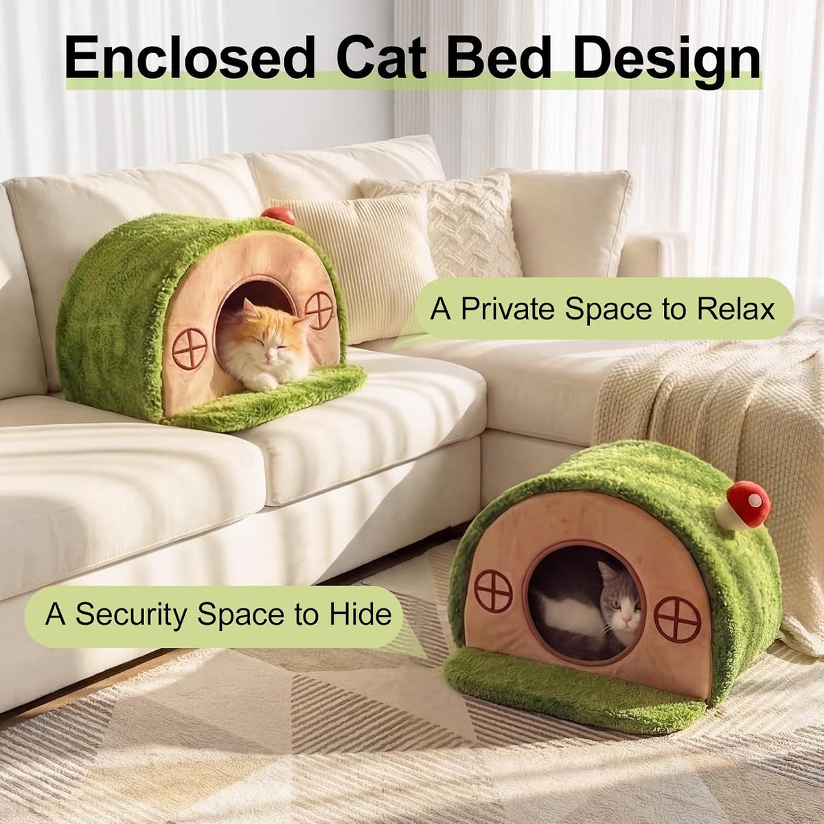 Tree Hole Cat Bed Cave, Cat House Indoor Hideaway, 45X40X30Cm | Enclosed Calming Shelter for Small Medium Pets, Removable & Washable Cushioned Pillow, Cute Kitten Bed with Anti-Slip Base