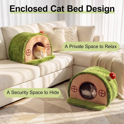 Tree Hole Cat Bed Cave, Cat House Indoor Hideaway, 45X40X30Cm | Enclosed Calming Shelter for Small Medium Pets, Removable & Washable Cushioned Pillow, Cute Kitten Bed with Anti-Slip Base