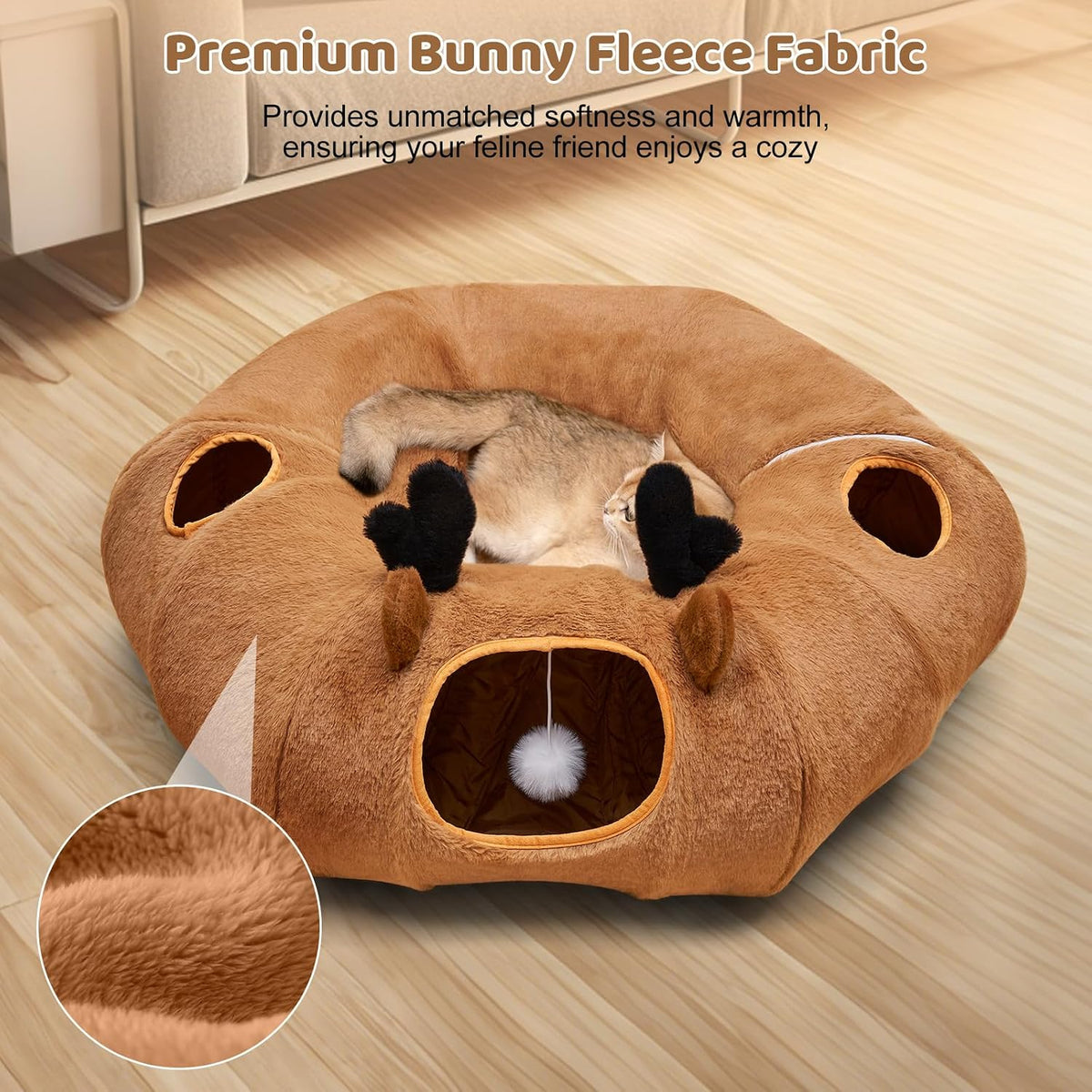 Cat Tunnel Bed, Foldable Cat Play Tunnels Reindeer Design Pet Donut Tunnel Bed with Ball & 4 Peek Holes, Cat Tunnel for Indoor Kitten Hideaway Interactive Cat Toys