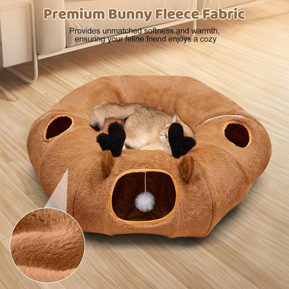 Cat Tunnel Bed, Foldable Cat Play Tunnels Reindeer Design Pet Donut Tunnel Bed with Ball & 4 Peek Holes, Cat Tunnel for Indoor Kitten Hideaway Interactive Cat Toys