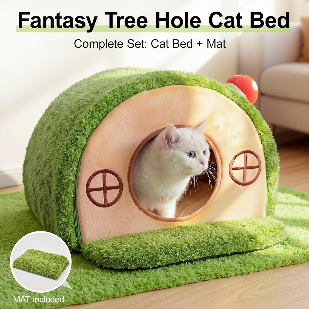 Tree Hole Cat Bed Cave, Cat House Indoor Hideaway, 45X40X30Cm | Enclosed Calming Shelter for Small Medium Pets, Removable & Washable Cushioned Pillow, Cute Kitten Bed with Anti-Slip Base