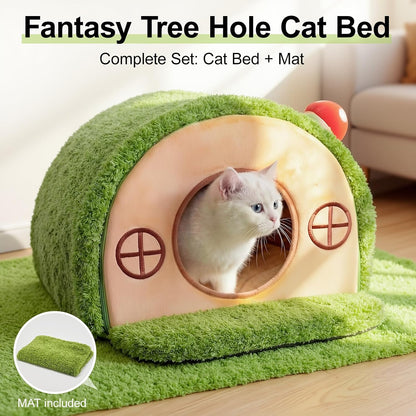 Tree Hole Cat Bed Cave, Cat House Indoor Hideaway, 45X40X30Cm | Enclosed Calming Shelter for Small Medium Pets, Removable & Washable Cushioned Pillow, Cute Kitten Bed with Anti-Slip Base