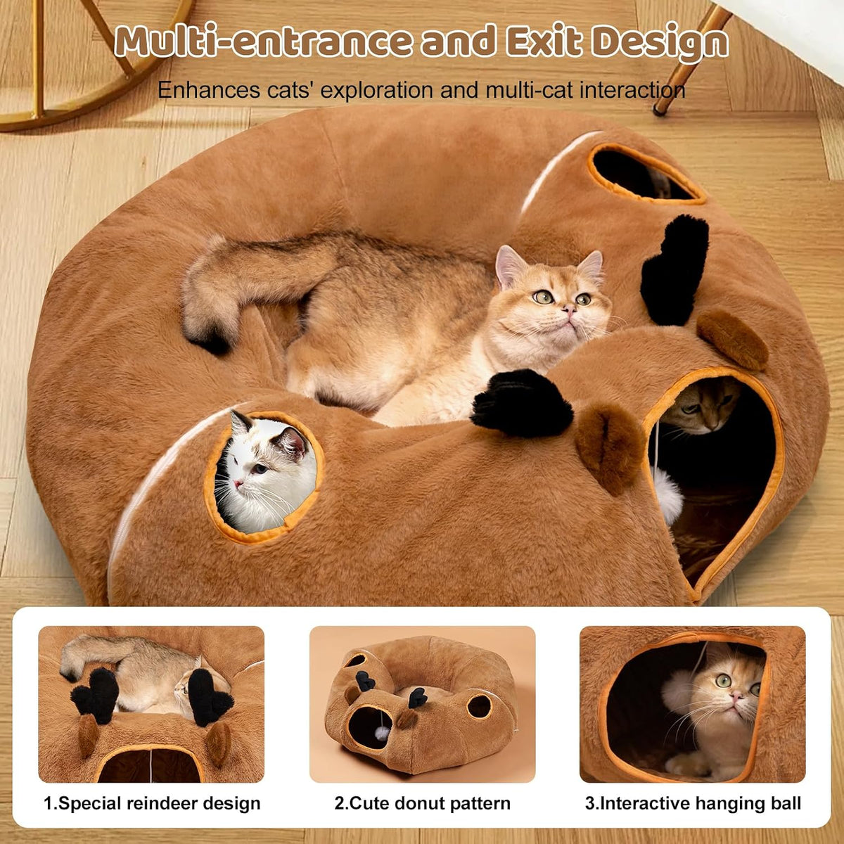 Cat Tunnel Bed, Foldable Cat Play Tunnels Reindeer Design Pet Donut Tunnel Bed with Ball & 4 Peek Holes, Cat Tunnel for Indoor Kitten Hideaway Interactive Cat Toys