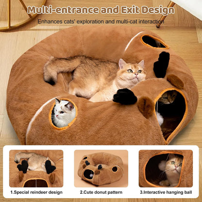 Cat Tunnel Bed, Foldable Cat Play Tunnels Reindeer Design Pet Donut Tunnel Bed with Ball & 4 Peek Holes, Cat Tunnel for Indoor Kitten Hideaway Interactive Cat Toys