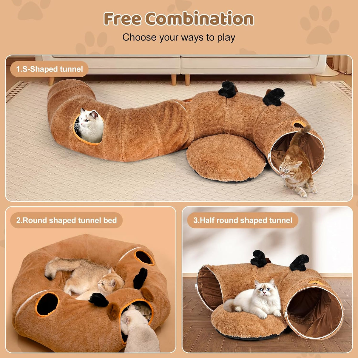 Cat Tunnel Bed, Foldable Cat Play Tunnels Reindeer Design Pet Donut Tunnel Bed with Ball & 4 Peek Holes, Cat Tunnel for Indoor Kitten Hideaway Interactive Cat Toys